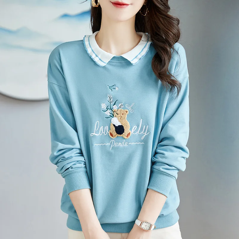 Spring Autumn Women's Pullover Round Neck Solid Letter Embroidered Animal Flocking Lantern Long Sleeve Hoodies Casual Tops