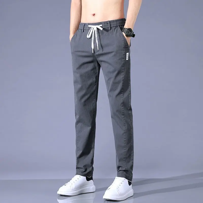 2024 Summer New Men's Patchwork Elastic Waist Drawstring Fashion Solid Color Pocket Slim Fit All Match Business Casual Pants