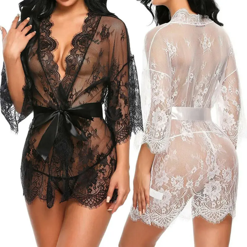 

Sexy Lace Nightwear Erotic Lingerie Sleepwear Women Summer See Through Sleep Dress Solid Lace Pajamas Bath Robe Dress Nightgown