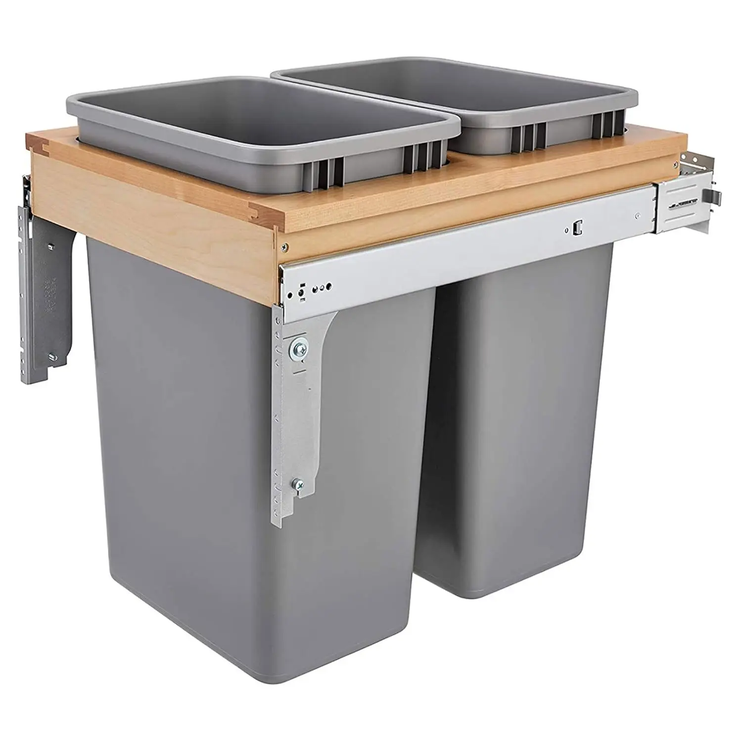 Double Pullout Under Cabinet Trash Can with Soft-Close, 50 Quart Garbage Bin for 18" x 1.5" Face Frame, Silver, 4WCTM-2150BBSCDM