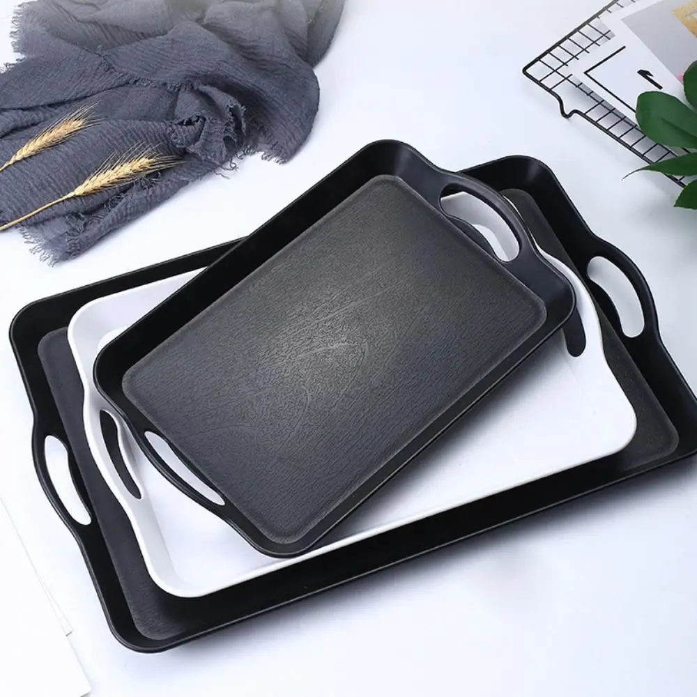 Plastic Food Serving Trays with Handles Rectangular Kitchen Table Trays Desk Organizer Wood Grain Fruit Plate Storage Supplies 4