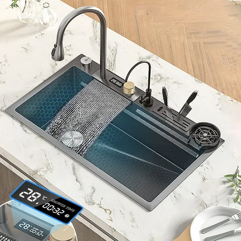 

Waterfall Sink Stainless Steel Kitchen Sink Large Single Sink Household Washbasin Embossed honeycomb multifunctional sink