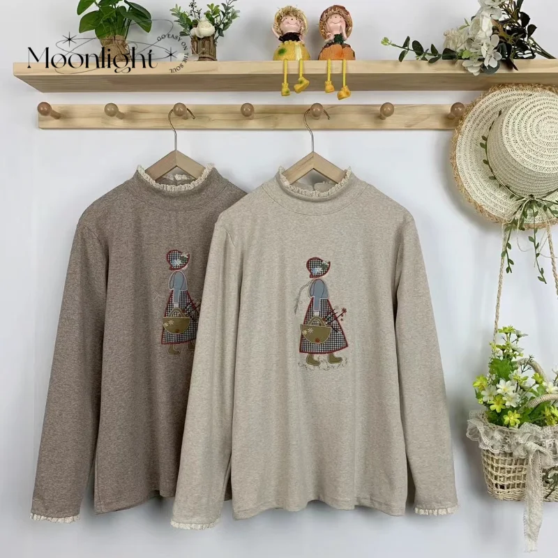 

Embroidery Cotton Shirt Blouse Women New In Spring Japanese Mori Girl Vintege Round Neck Long Sleeve Shirts Basic female Tops