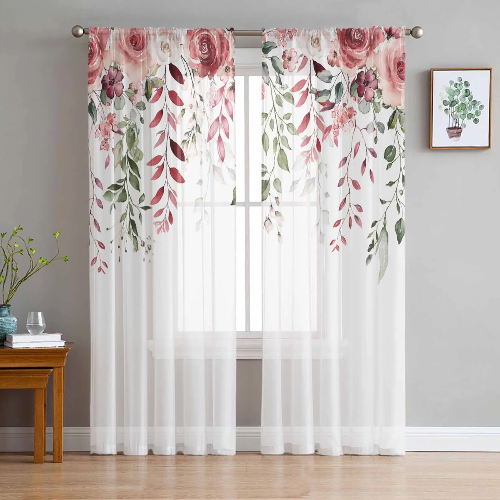 

Rose Flower Leaves Sheer Curtains for Bedroom Living Room Decoration Window Curtain for Kitchen Tulle Voile Organza Drapes