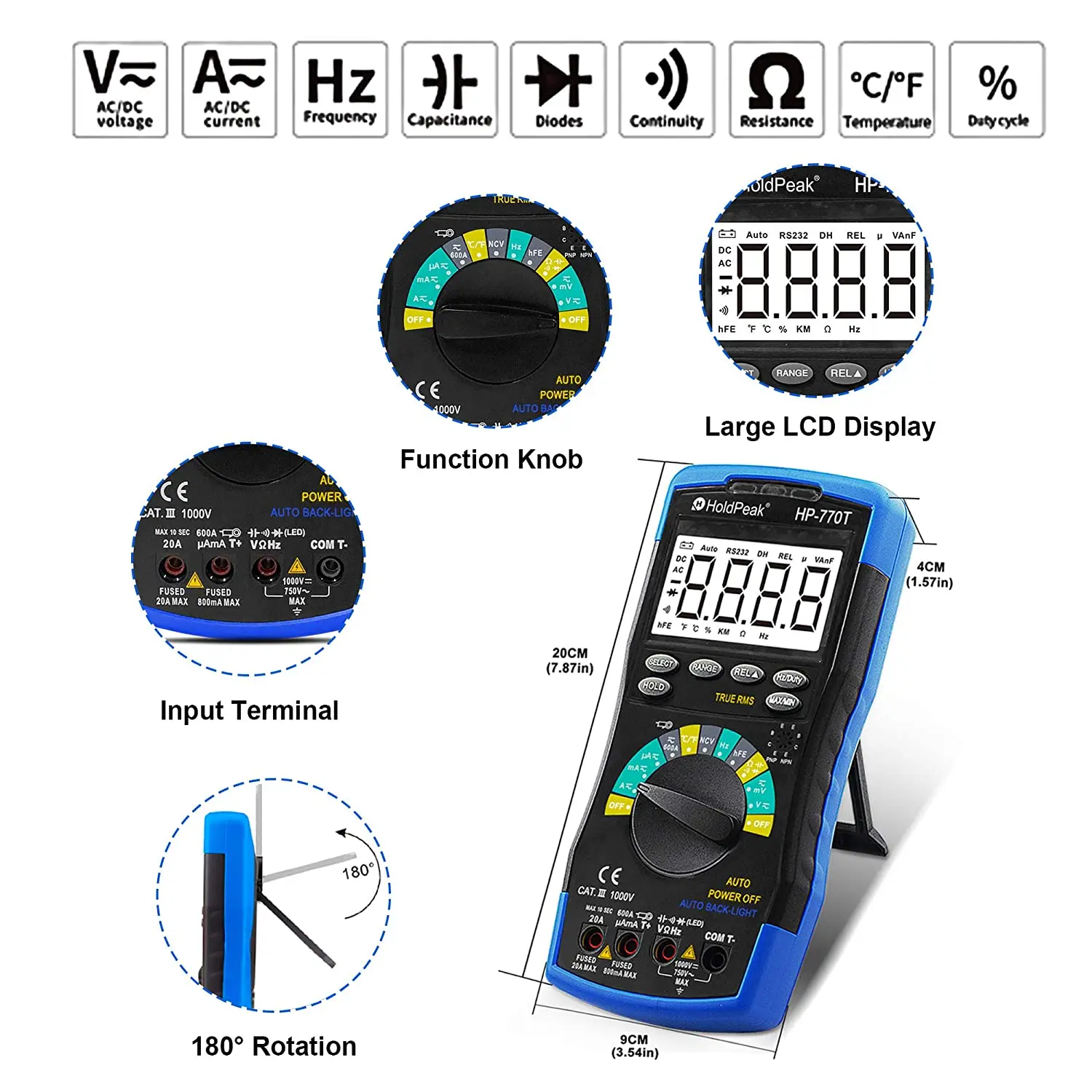 HOLDPEAK 디지털 멀티 미터 6000 카운트 TRMS DMM CATIII 1000V, 자동 범위, 데이터 홀드, NCV, AC/DC Amp Ohm 볼트 미터