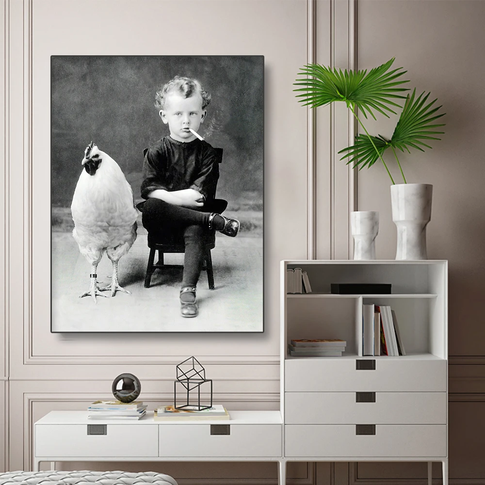 

Black And White Fun Retro Poster Print Boy His Chicken Pet Smoking Portrait Art Canvas Painting Living Room Home Wall Decoration