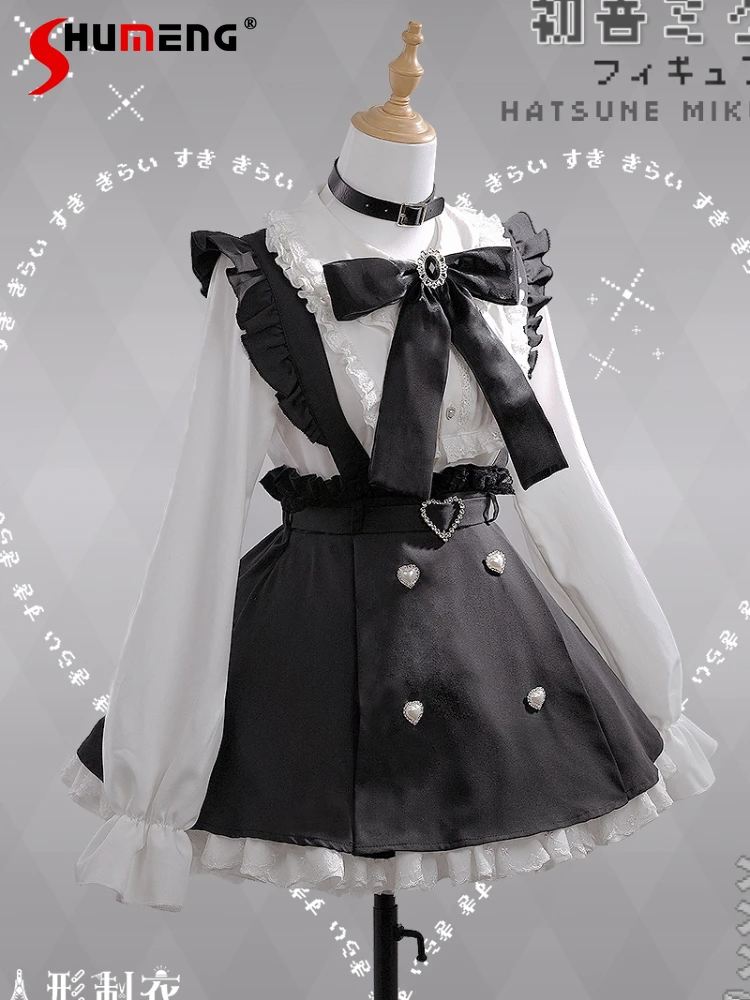 Cosplay Costumes Mine Cute Double-Layer Ruffles Lace Decorative Lapel Shirt Lolita Cute Waist-Tight Suspender Black Strap Skirts big size 28 43 girls boots ruffles vintage lolita women wedding boots black white pink lace up chunky high heels platform shoes