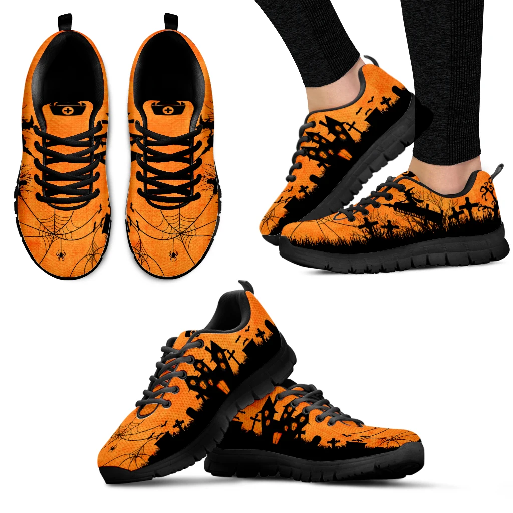 INSTANTARTS Ladies Casual Sneakers Shoes Fashion Halloween Witch Ghost Cobweb Printing Women Lace-up Flat Shoes Air Mesh Shoes