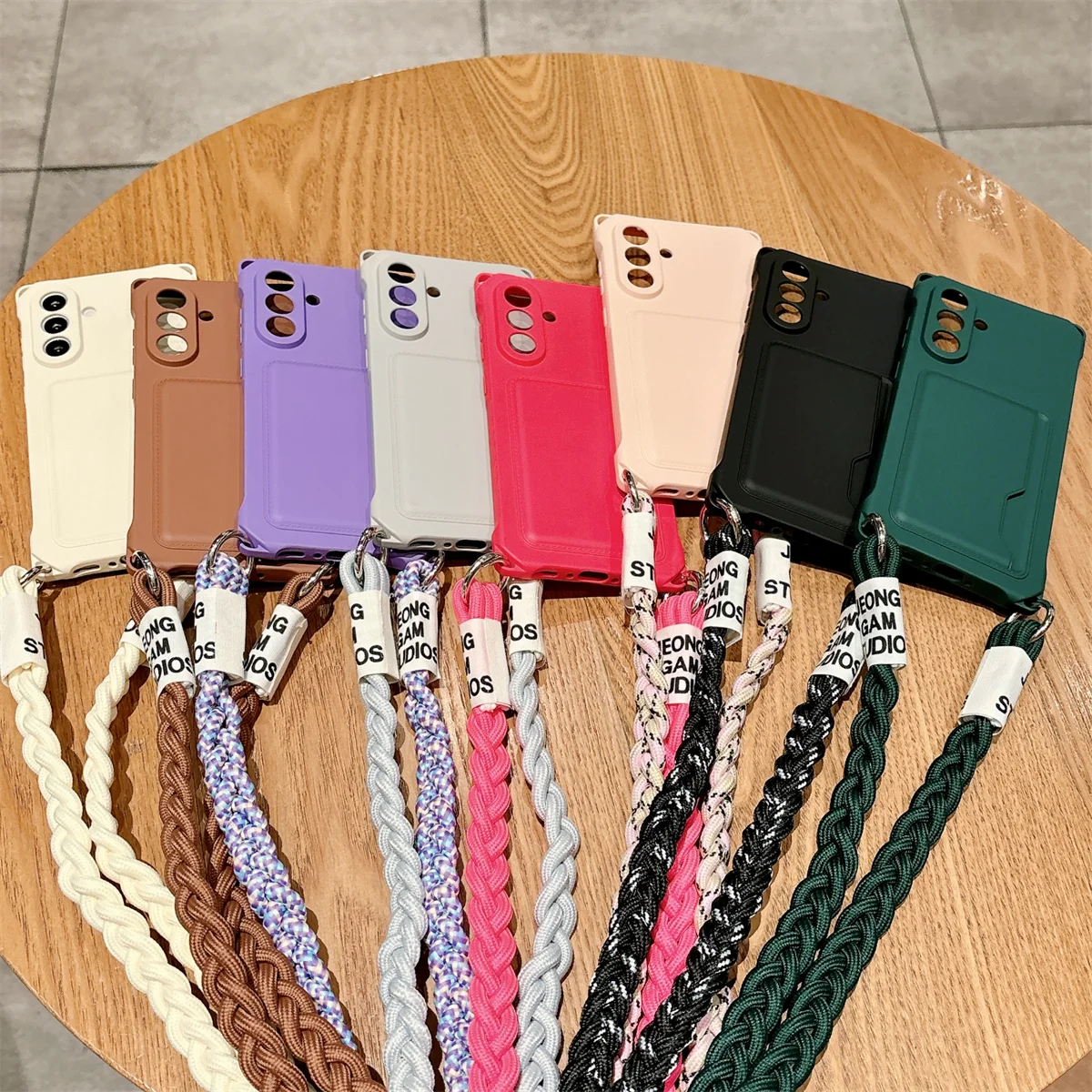 Braided Crossbody Lanyard Strap Phone Case with Wallet Card Holder and Silicone Cover