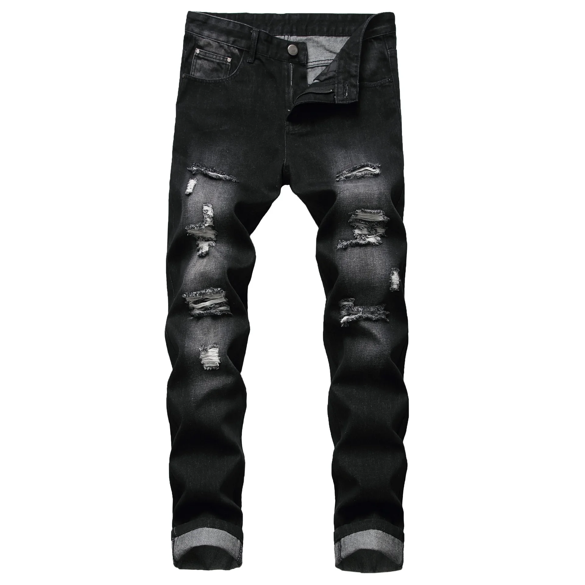 Men Ripped Straight-Leg Slim Fit No Stretch Jeans Light-Colored Denim Trousers Cross-Border Wear Amazo ripped jeans