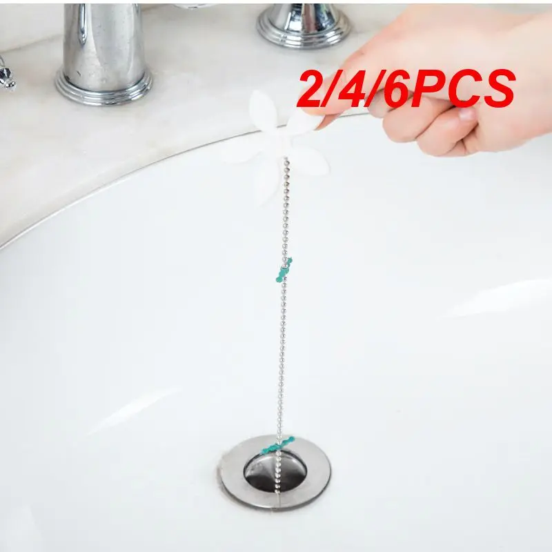 2/4/6PCS Premium Drain Hair Catcher Flower Shower Hair Cleaning Chain Bathroom Drain Strainer Hair Catcher Chain Hook Dredge