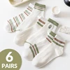 6 Pairs of Women's Four Season Simple Striped Flower Sweet College Style Fashionable Versatile Summer Breathable Mid Tube Socks 1