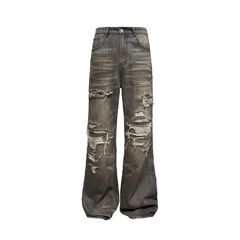 Retro American Waed Patchwork Men's Jeans Loose Micro Flared Dyeing Small ence Wide Leg Pants Daily Wear Long Trousers