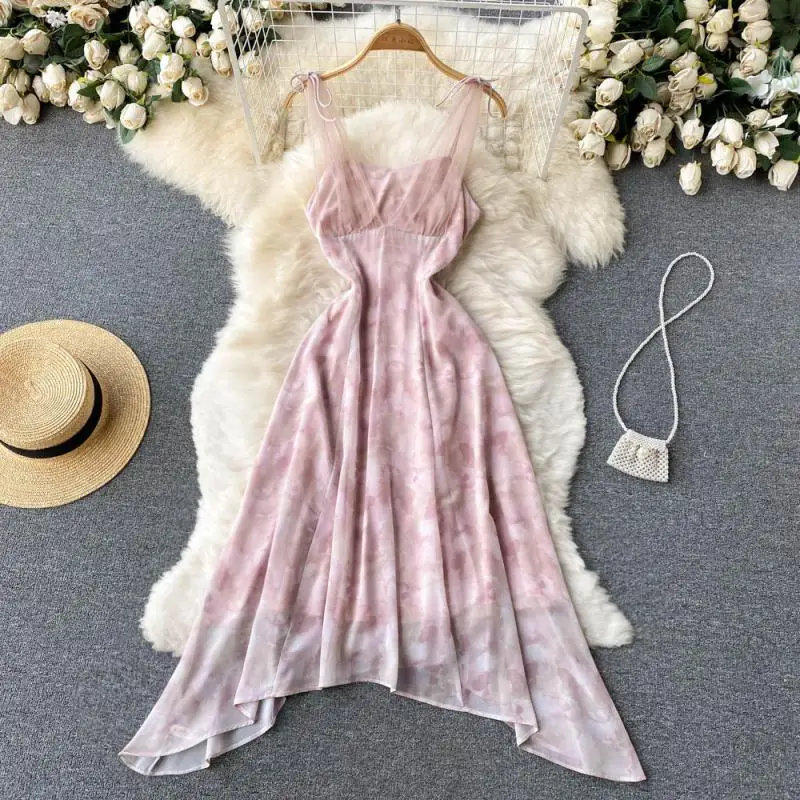 

Holiday Style Beach Dress Exy Backless Mesh Stitched Chiffon Dress Knee Length Dress Irregular Suspender Dress