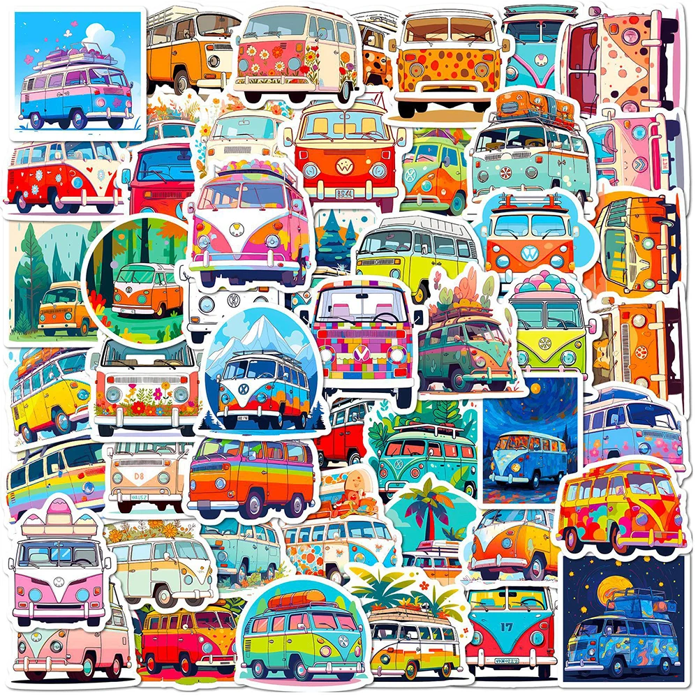 10/30/50PCS Cartoon Hippie Bus Cute Stickers Aesthetic Decals Toys DIY Car Skateboard Phone Bike Kawaii Decoration Stickers Gift