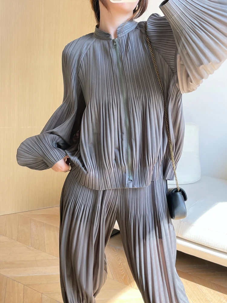 Miyake Pleated Zipper Hoodie Jacket Korean Fashion Fall 2022 Winter Grey Suit Loose Long Sleeve Short Coat Casual Harem Pants