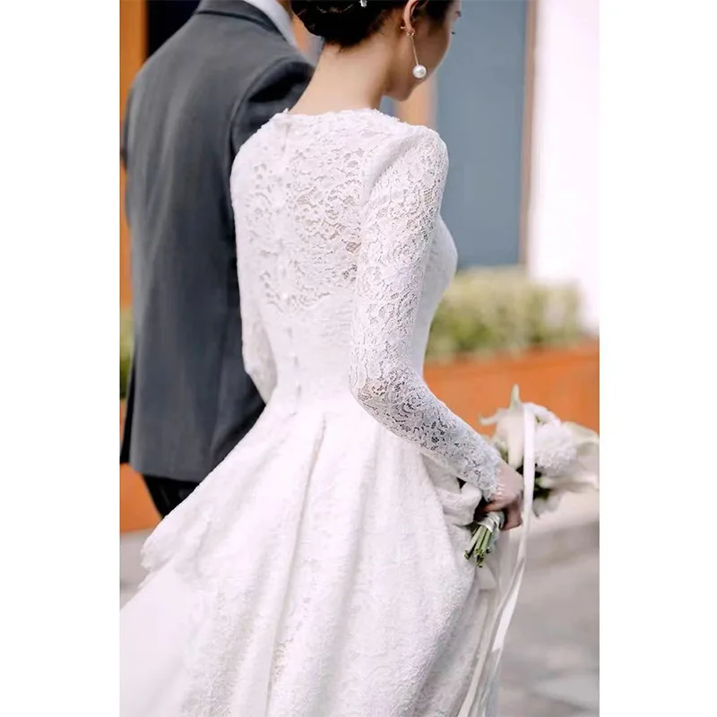 Soft Lace Wedding Dresses Classic O-neck Bridal Dress With Long Sleeve New Elegant A Line Simple Vestidos De Novia Customized 2