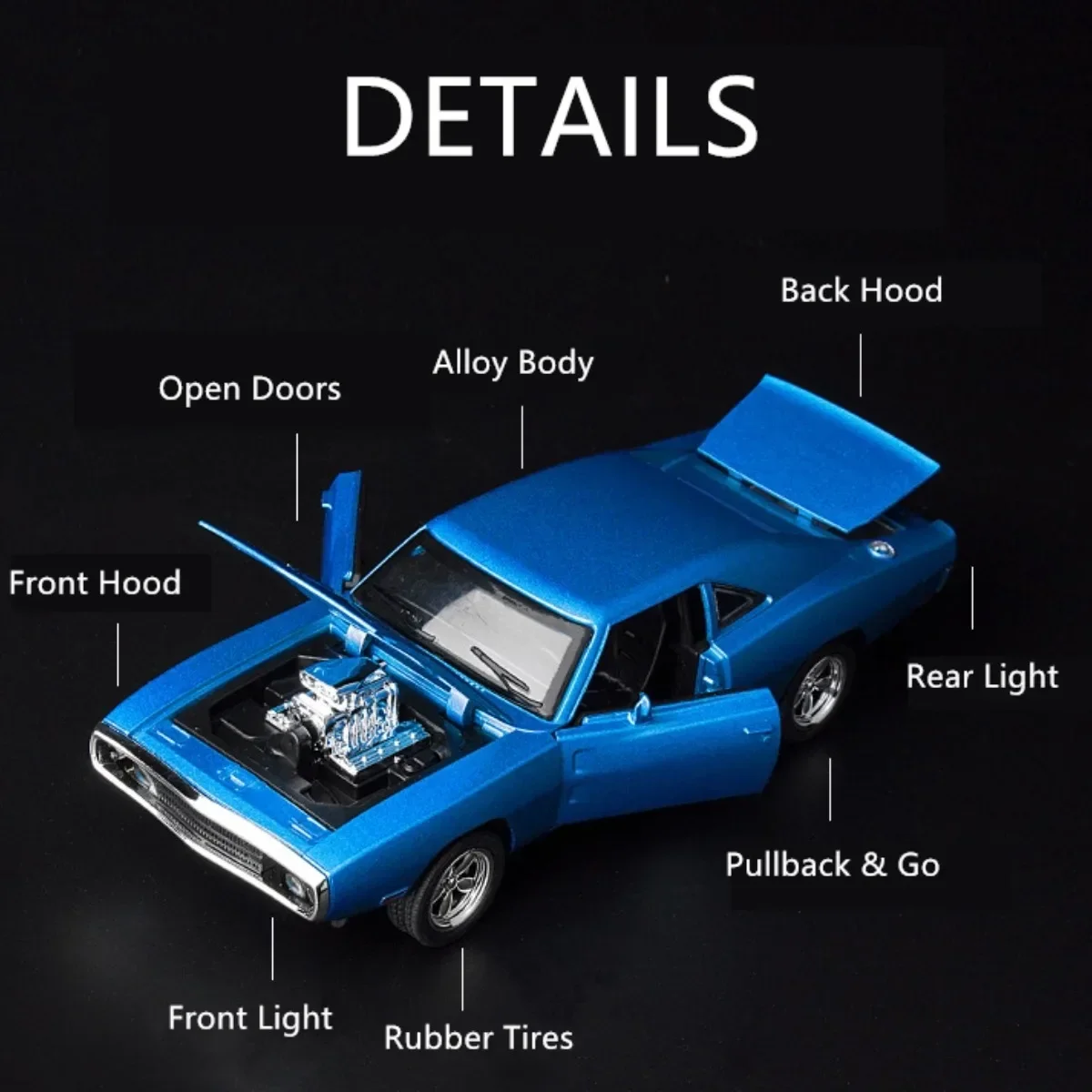 1:32 Dodge Charger 1970 Diecast Pullback Muscle Car Model Repilca with Light Sound Scale Alloy Miniature Kid Boy Xmas Gift Toy 5