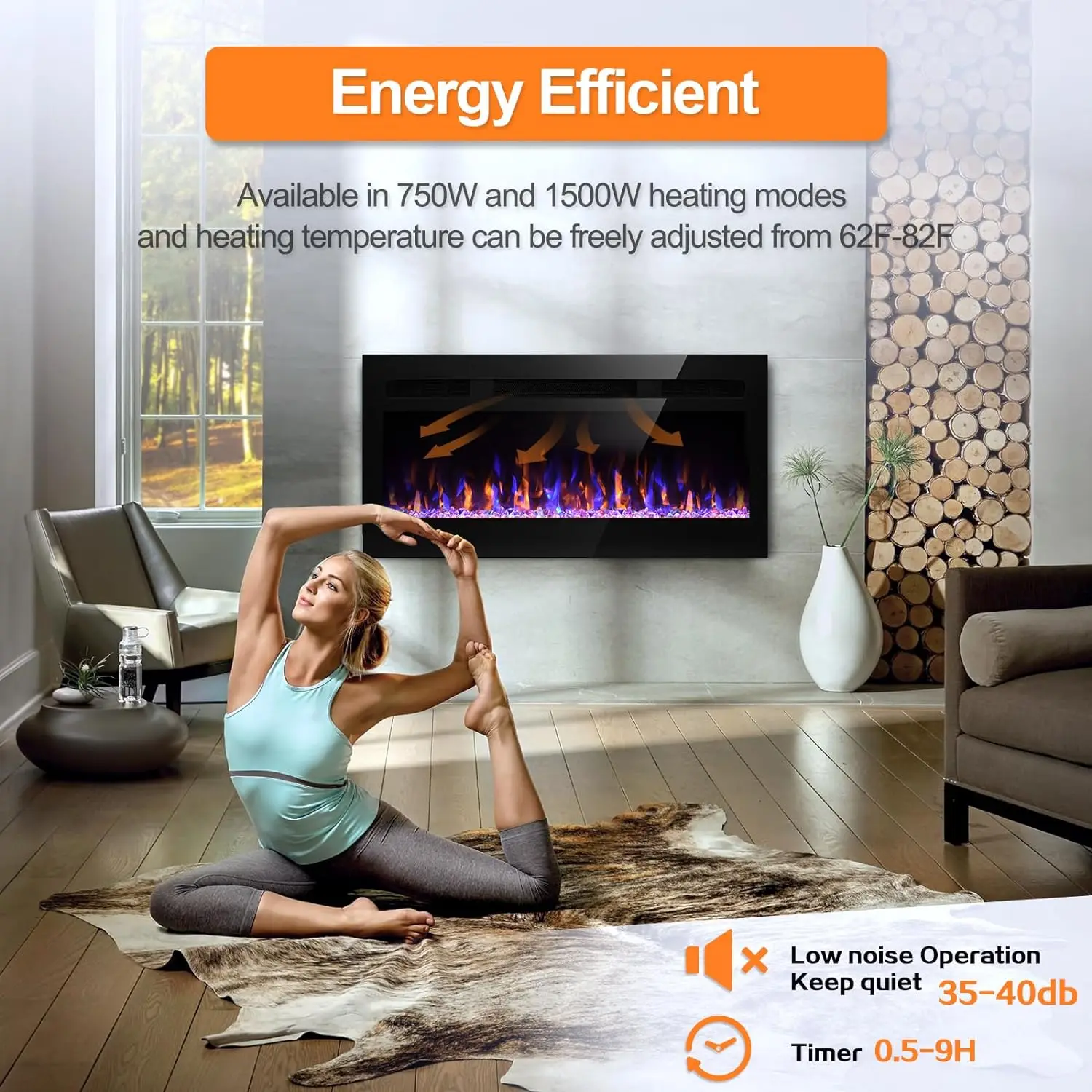 1500W Electric Fireplaces for Living Room Wood Decorative 3d Flame Indoor Recessed Wall Mounted Home Heater With Remote Control