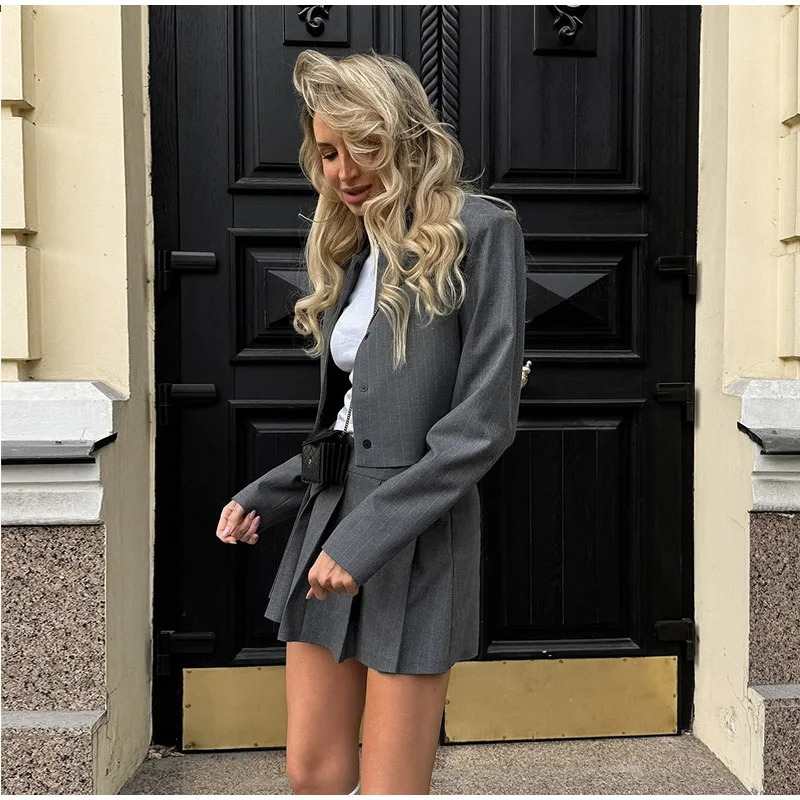 Striped Short Jackets Skirts Set Women Casual Long Sleeve Suit Coat Mini Skirt Sets Female Elegant Chic Gray Outfits Streetwear