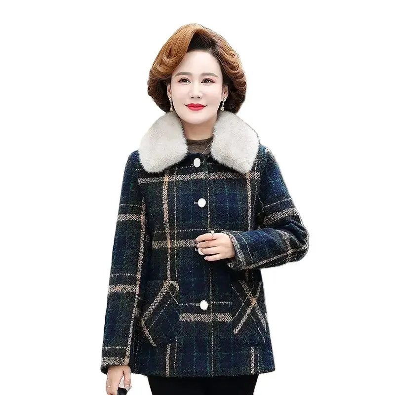 

5XL Add Velvet Thicken Warm Woolen Coat Female Fashion Women's Woolen Blend Grid Jacket Autumn Winter Tops Outerwear 2023