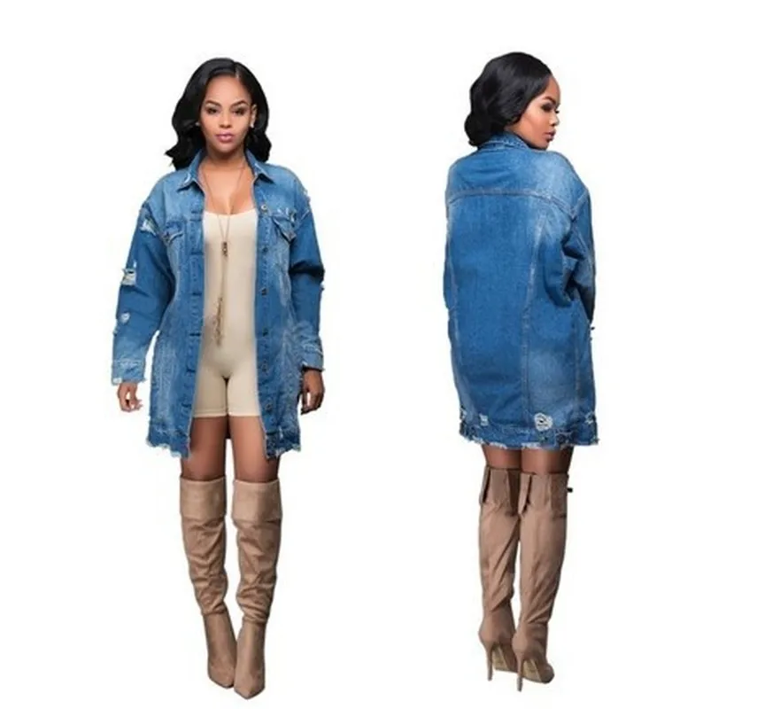 2024 New Stylish Women's Coats Denim Long Coat Jeans Coat Fashion Hole Jacket Female Loose Casual Streetwear Blue Outwear Long