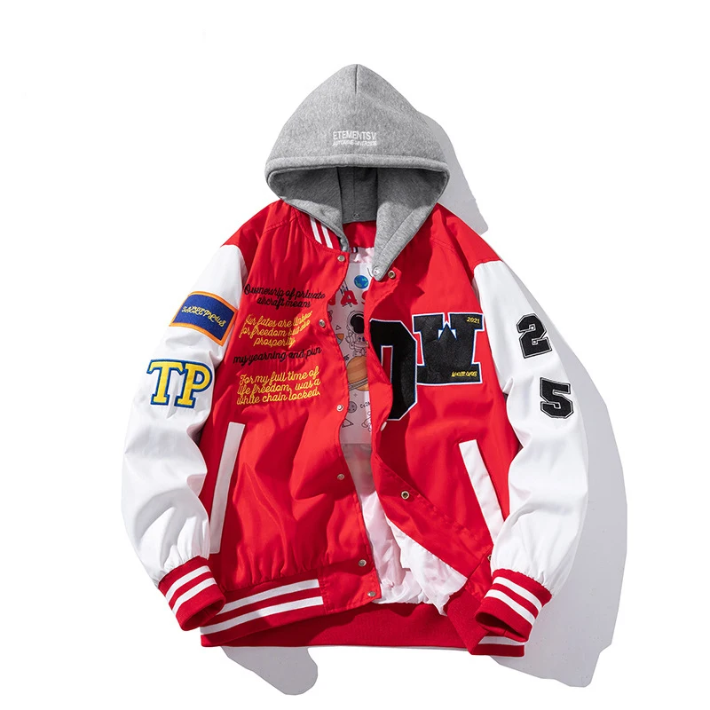 Men's Colorblock Bomber Jacket Embroidered Hooded Stand Collar Baseball