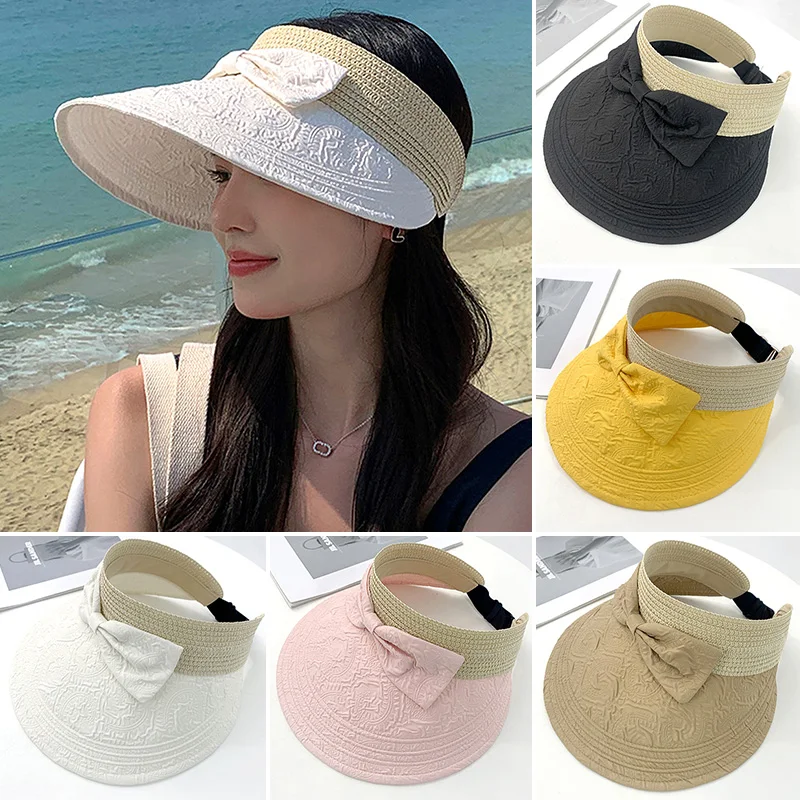 

Empty Top Sun Hat Summer Adjustable Caps Bowknot Sunshade Hat Outdoor Fashion Beach Big Brim Uv Protection Beach Hats