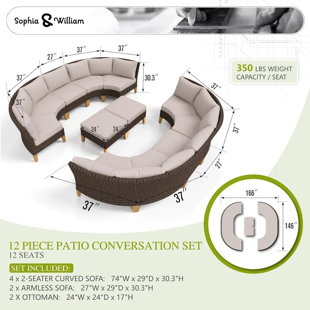 Patio Furniture Set, 12 Piece Curved Outdoor Sectional Sofa Set Rattan Patio Conversation Set, Garden Sofas 2