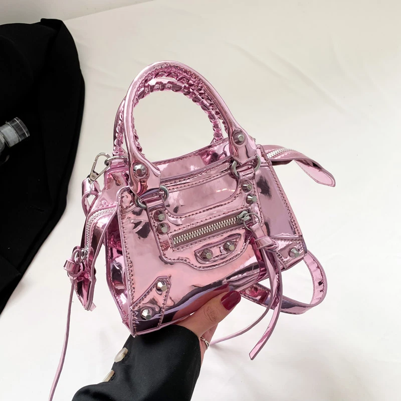 Female PU Patent Leather Long Zipper Personalized Handbag Locomotive Style Crossbody Bag Trend Fashion Shoulder Bag