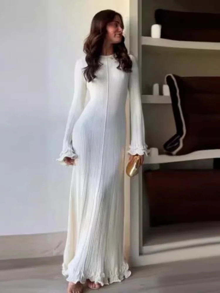 Solid Long Sleeve Slim Maxi Fungus Dress For Women Backless Elegant Long Dress Club Party Clothes Autumn Winter 2025 New