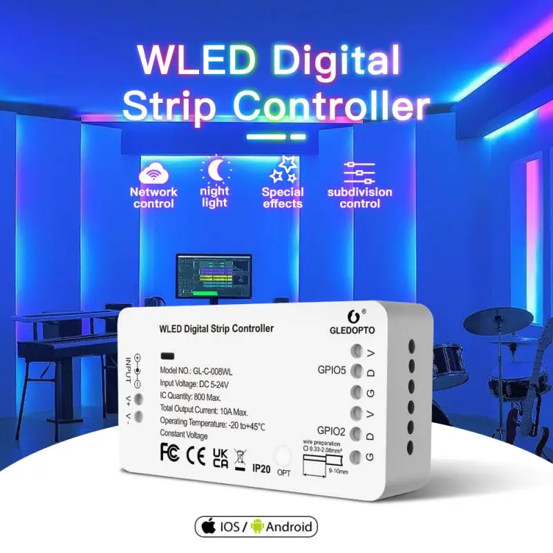 

WLED Digital Strip Controller 5-24V LED Lighs Over 100 Dynamic Lighting Modes DIY WiFi APP Control 800 IC RGB RGBW No Need Hub