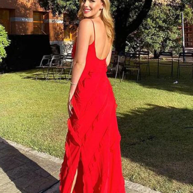 Long dress with open back suspender for women, sexy long dress with V neck and side slit, spring and summer