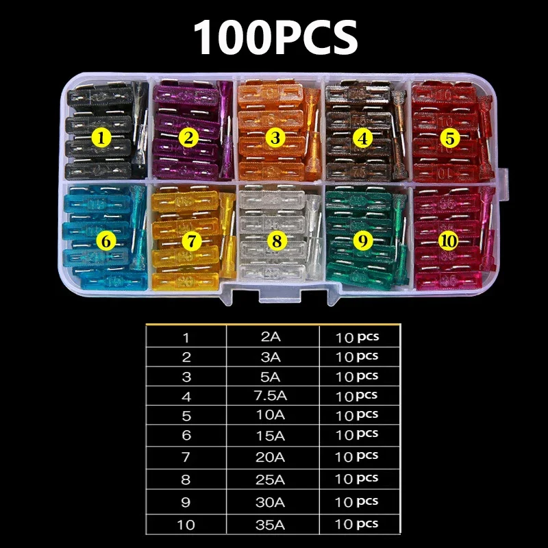 100PCS Car Fuses 2A 3A 5A 7.5A 10A 15A 20A 25A 30A 35A Amp with Box Clip Assortment Auto Blade Type Fuse Set Truck Auto Fuse Set car fuses kit circuit adapters and fuse set glass fuse kit