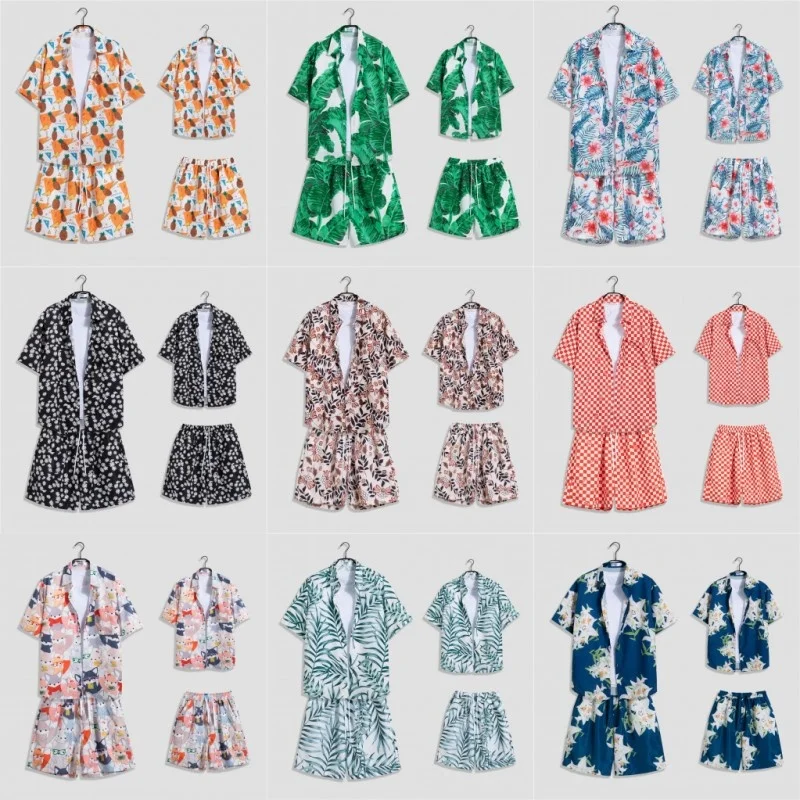Daily Men Sets Short Sleeve Hawaiian Shirt And Shorts Chinese Mahjong Printing Casual Shirts Beach Two Pieces Suit Fashion Wear
