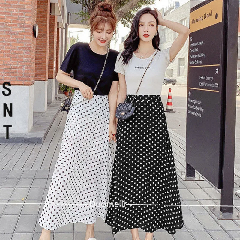 

2022 Summer Spring Korean Fashion Elegant Dot Pleated Skirt Women Causal Midi Long High Waist Pleated A Line Harajuku Skirt