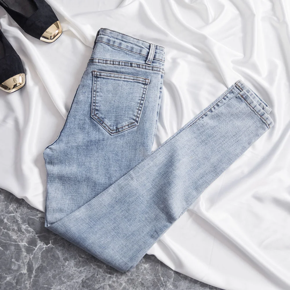 korean fashion High Waist Elastic Stretch Tight-fitting Jeans Pants Women Comfy Solid Color Slim Simple Trousers ropa de mujer