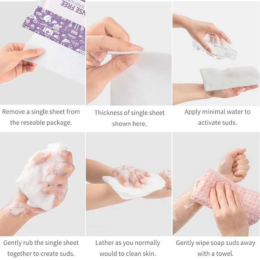 25 Pieces/75 Pieces 30*30cm Disposable Foam Hand Towel, Shower Towel, Rinse-Free Soap Towel, No Need to Rinse, Only Add Water, Rub Foaming, Wipe Foam, Suitable for Travel, Outdoor, Camping, Swimming, Fitness and Body Care 4