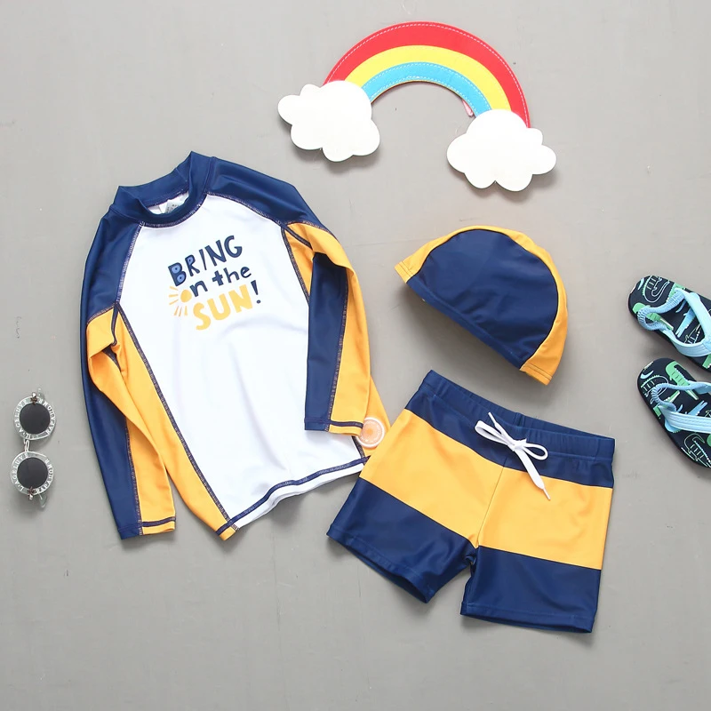 

3-12 Years Children's Swimsuit UPF50+ 3-piece Set Long-Sleeved Sunscreen Boy Beach Swimwear Surfing Suit 2022 Baby Boy Swimming