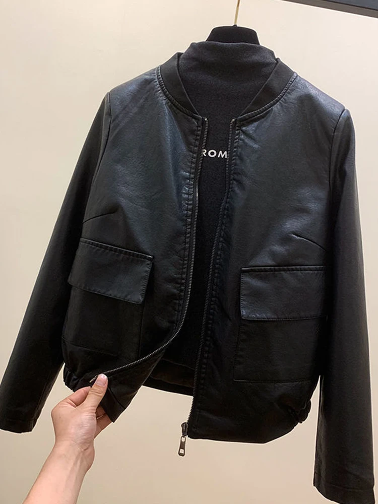 

Fitaylor New Spring Autumn Women Casual Loose Long Sleeve Solid Short Jacket Coat Fashion O-neck Zipper Long PU Leather Jacket