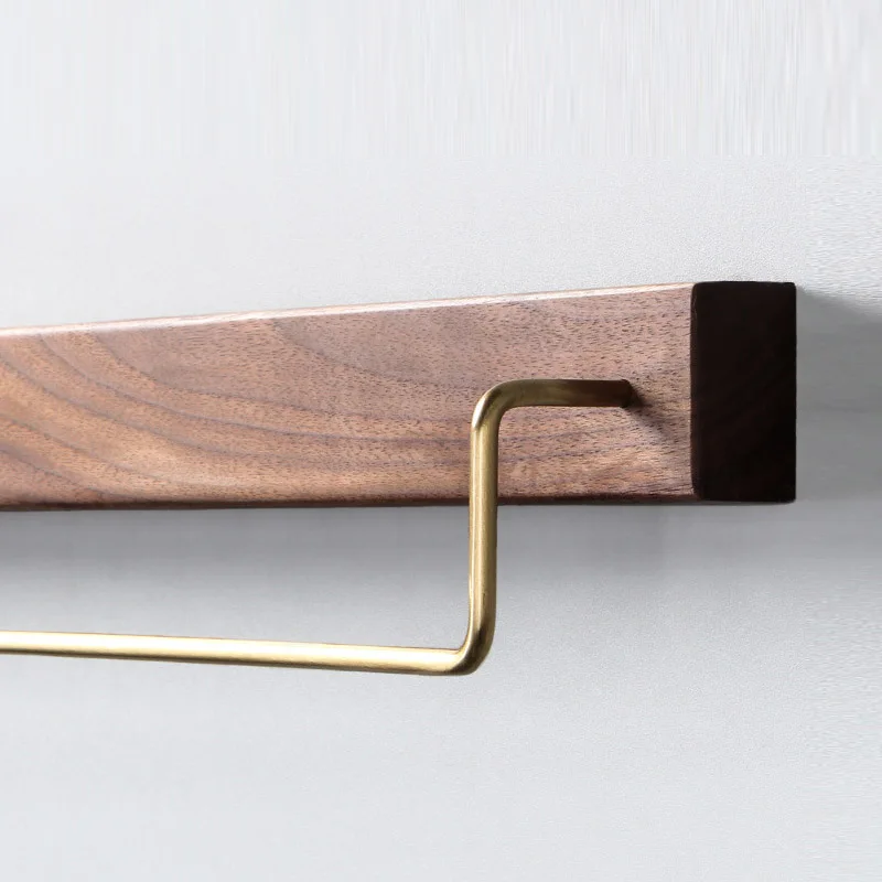 Black Walnut Wood Towel Rack Wall Mounted Retro Towel Bar Wooden Towel Holder 30cm Towel Rail Brass Hooks for Bathroom Kitchen
