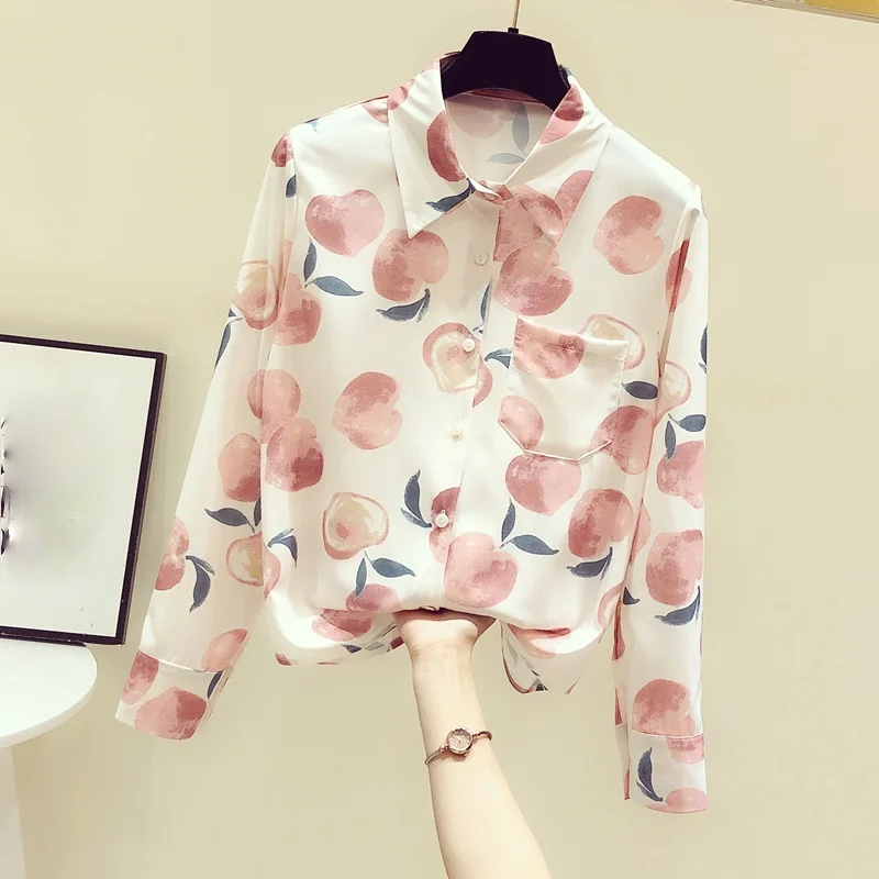 

Sweet Style Printed Women Shirts Summer New 2022 Turn-Down Collar Pocket Long-Sleeved Loose Elegant Office Lady Outwear Tops