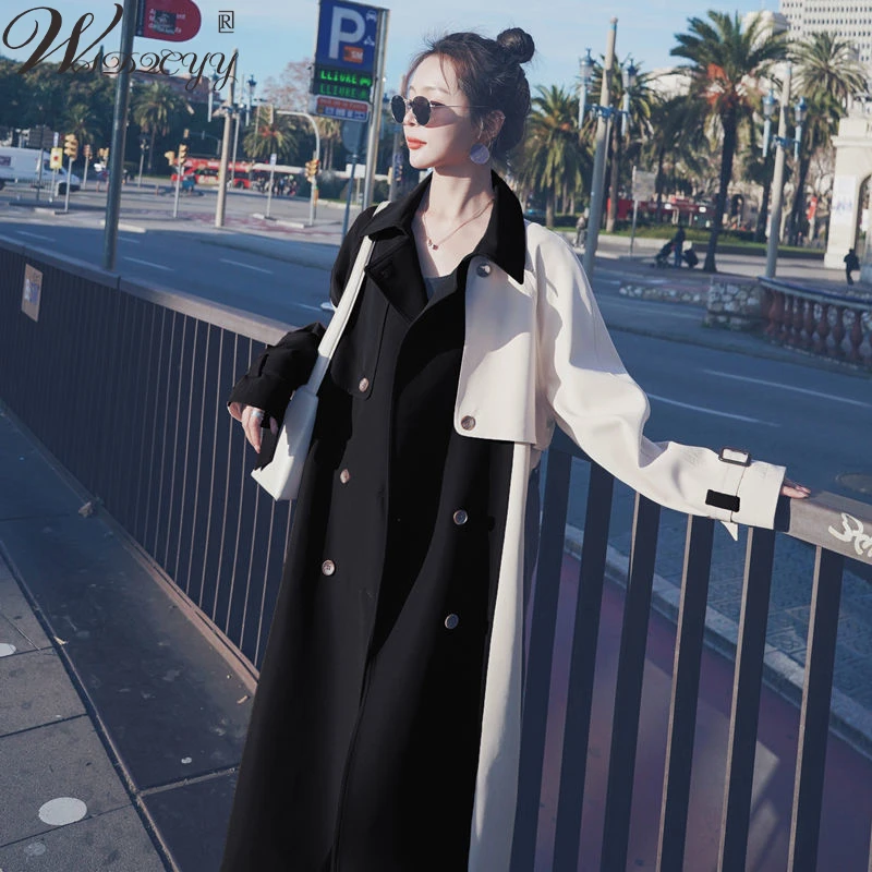 

Women's Casual Trench Coat Stitching Color Double Breasted Temperament Loose Overcoat Spring Autumn Korean Fashion Windbreaker