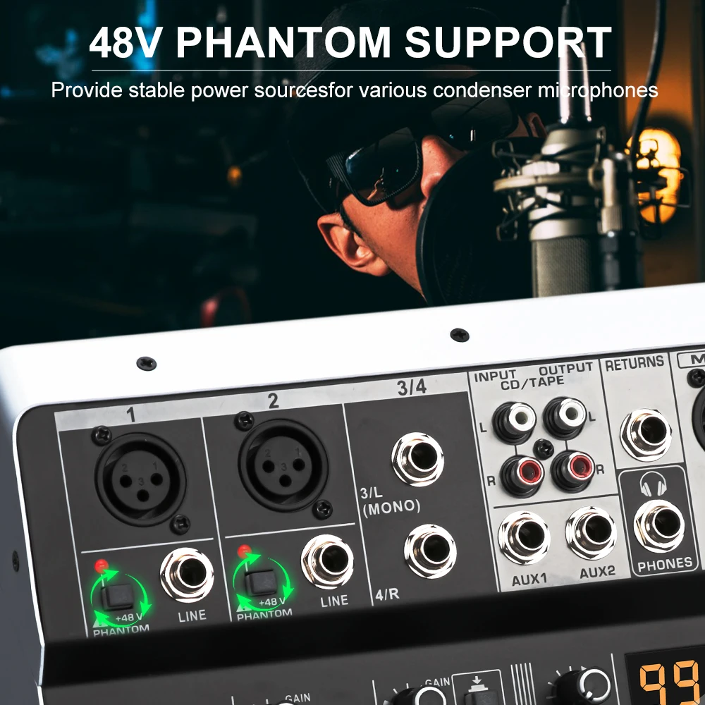 LEUS MX4 Channel 99 DSP Effect Audio Mixer Record PC 48V Phantom Power USB Sound Mixers Bluetooth DJ Console Mixing for Karaok audio mixer
