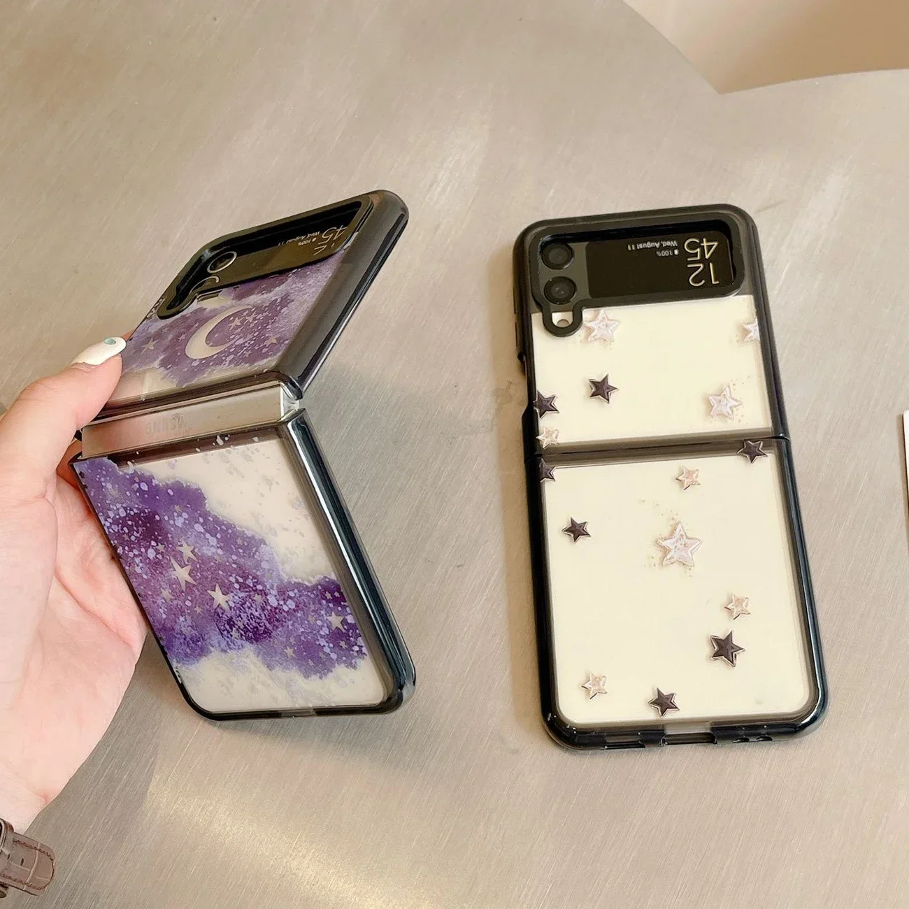 Black Border Acrylic Moon Star Phone Case for Samsung Galaxy Z Flip 5 4 3 Back Cover for ZFlip3 ZFlip4 ZFlip5 Hard Case Shell