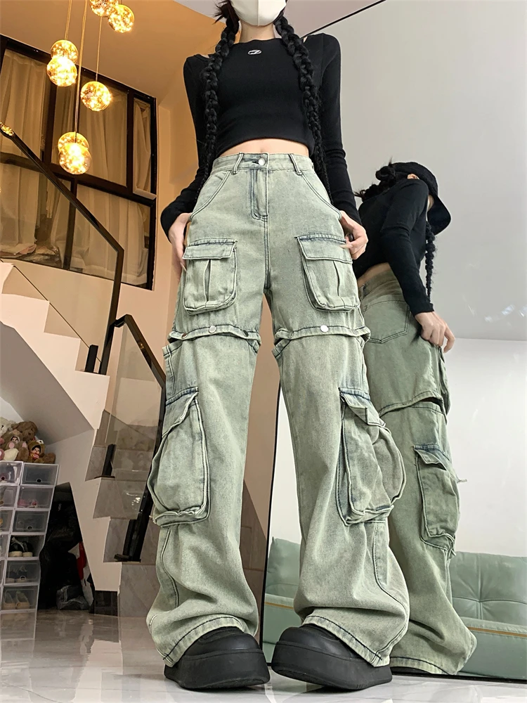 

Women's Detachable Button Design Jeans Street Casual Multiple Pockets Denim Trousers Female High Waist Straight Cowboy Pants