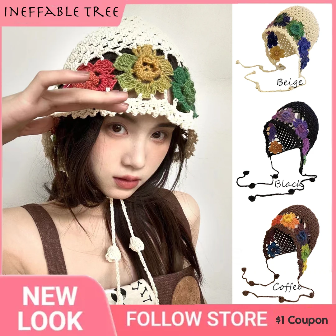 INS Women's Handmade Crochet Openwork Knit Bonnets Hats for Women Cute Sen Ethnic Hood Caps Vintage Fringed Girly Beanie Hat