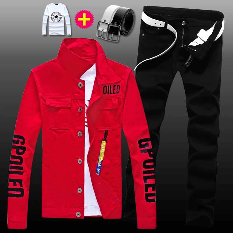 Men Denim Jacket Pants Set New Mens Denim Jacket Jeans Pants Slim Fit 2pcs Set Boys Casual Letters Printed Coat Trousers with Pendant Candy Color