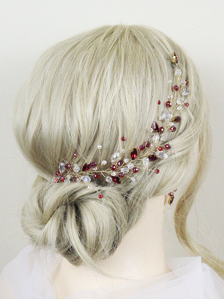 Bohe Green Red Purple Crystal Wedding Hair Accessories Headbands and Earrings Set for Bride Headdresses Rhinestone Party Tiaras