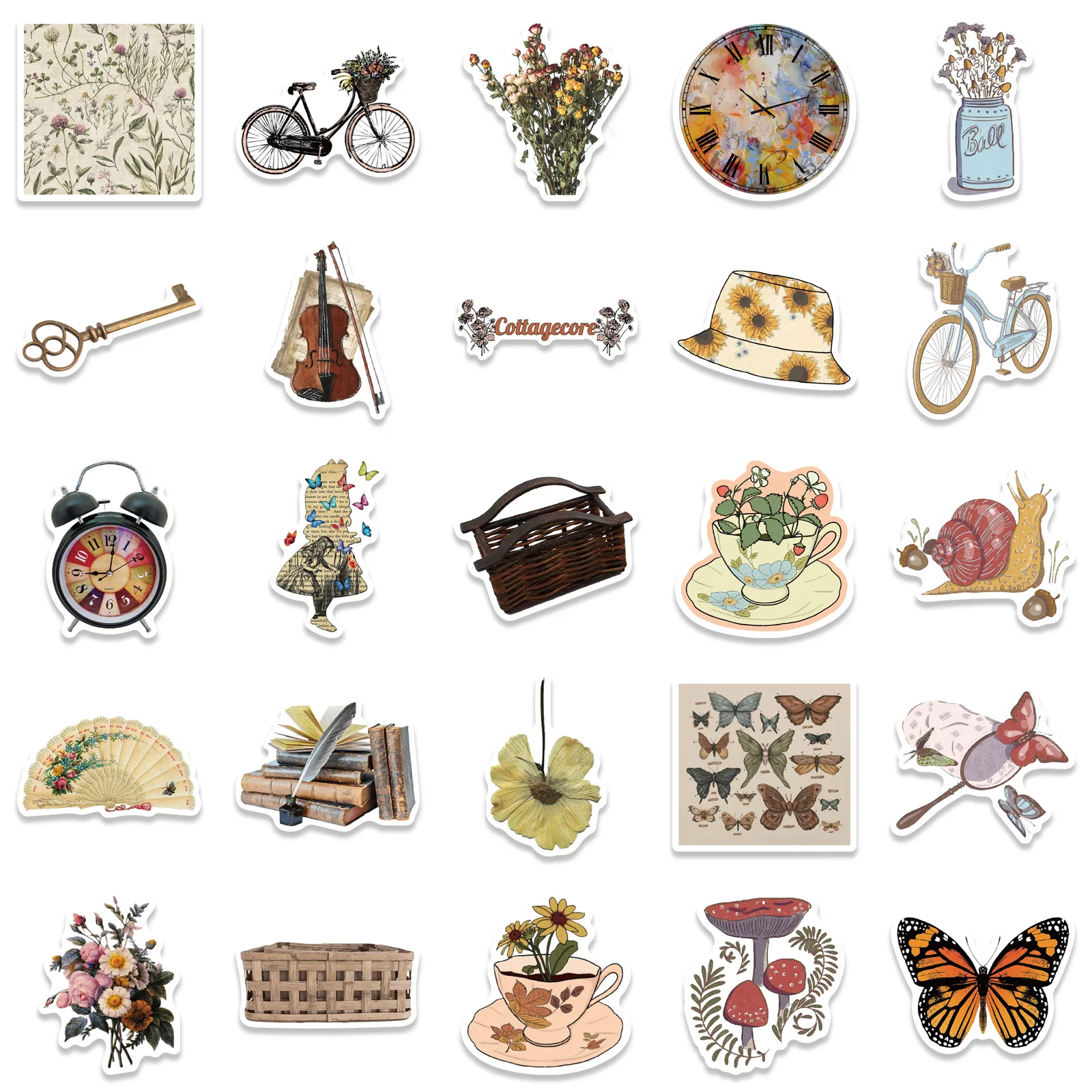 50pcs Cartoon Vintage Object Decorative Pvc Stickers Retro